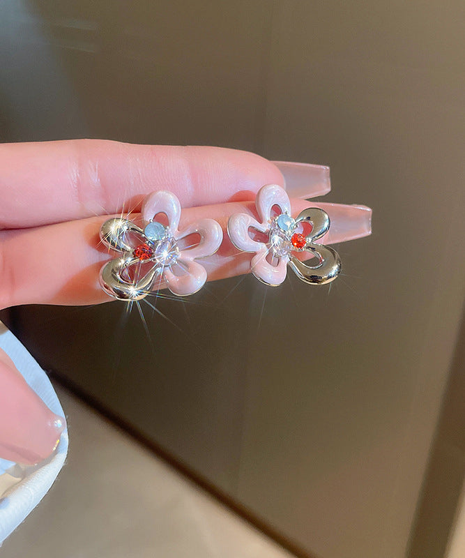 Cute Colorblock Alloy Zircon Drip Glaze Hollow Out Floral Stud Earrings