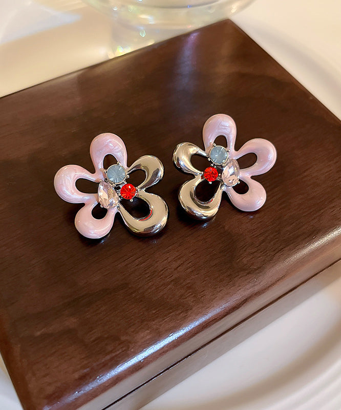 Cute Colorblock Alloy Zircon Drip Glaze Hollow Out Floral Stud Earrings