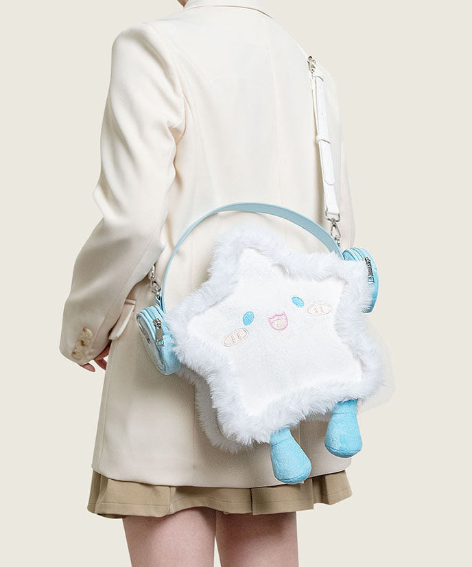 Cute Earphones Star Embroidered Faux Fur Backpack Bag