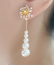Cute Gold Copper Overgild Pearl Zircon Tassel Drop Earrings