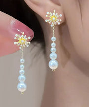 Cute Gold Copper Overgild Pearl Zircon Tassel Drop Earrings