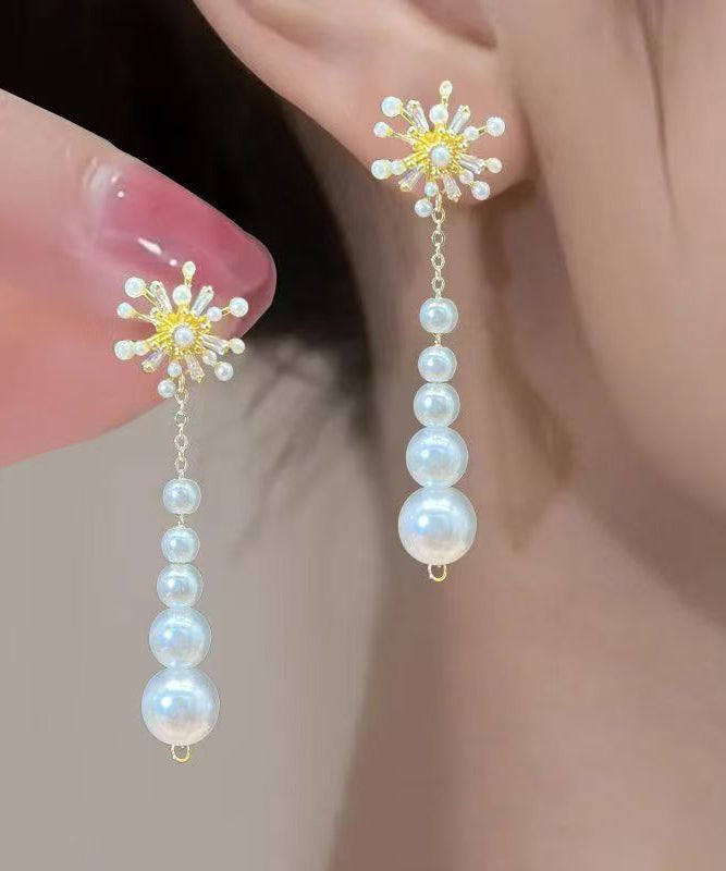Cute Gold Copper Overgild Pearl Zircon Tassel Drop Earrings