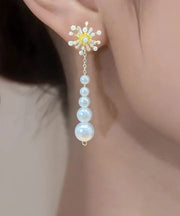 Cute Gold Copper Overgild Pearl Zircon Tassel Drop Earrings
