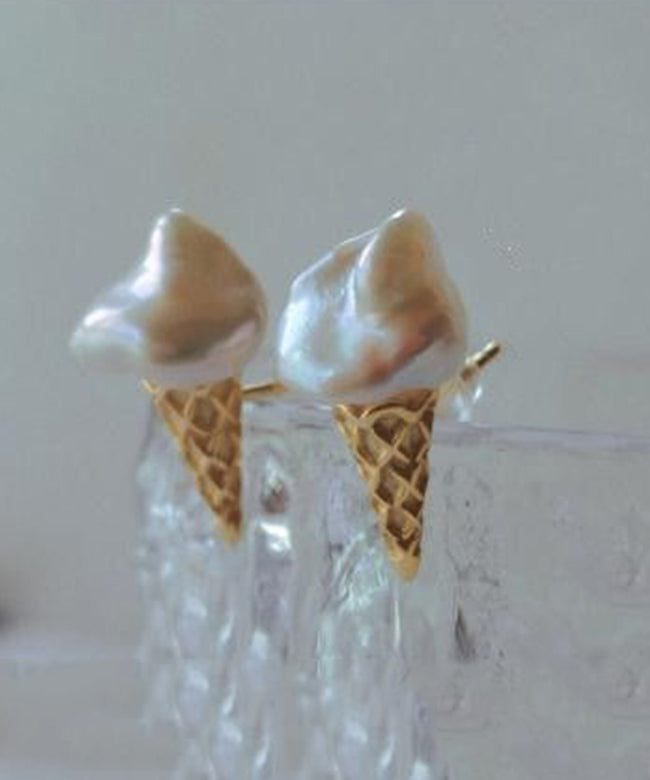 Cute Gold Sterling Silver Pearl Ice Cream Stud Earrings