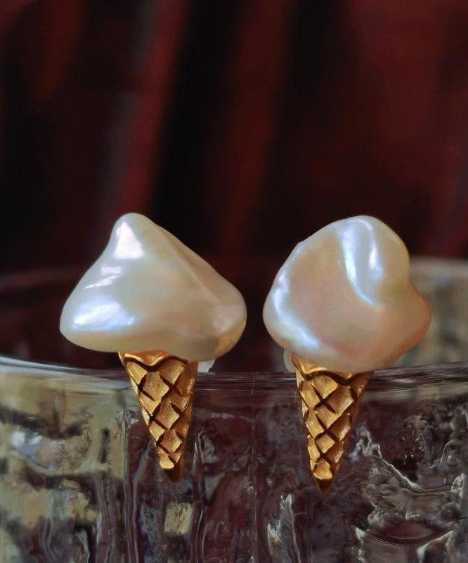 Cute Gold Sterling Silver Pearl Ice Cream Stud Earrings