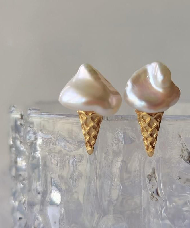 Cute Gold Sterling Silver Pearl Ice Cream Stud Earrings