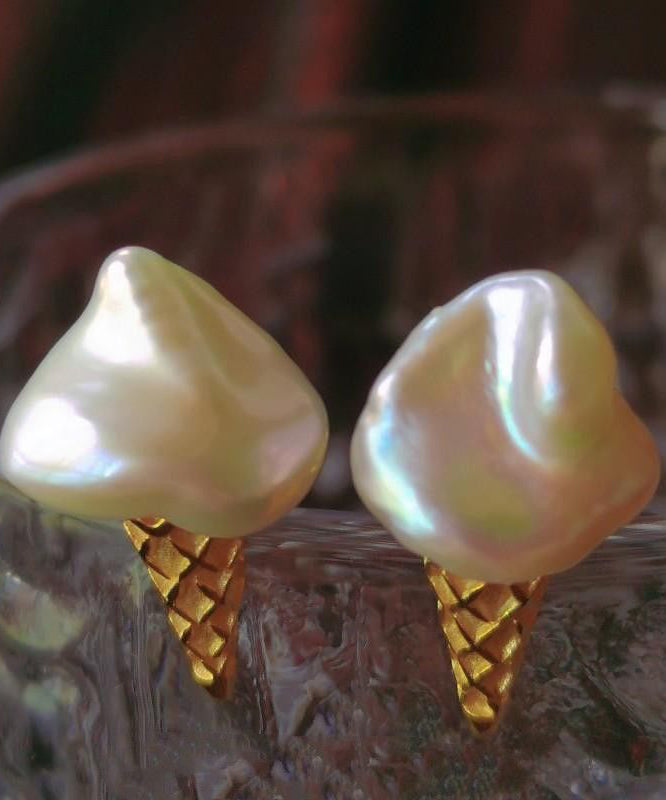 Cute Gold Sterling Silver Pearl Ice Cream Stud Earrings