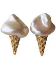 Cute Gold Sterling Silver Pearl Ice Cream Stud Earrings