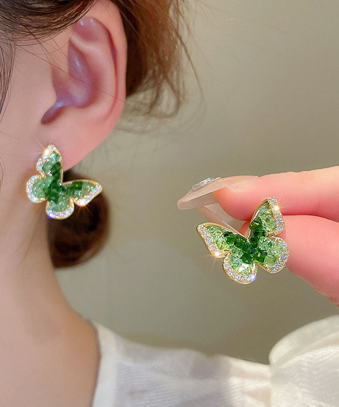 Cute Green Copper Zircon Crystal Butterfly Stud Earrings