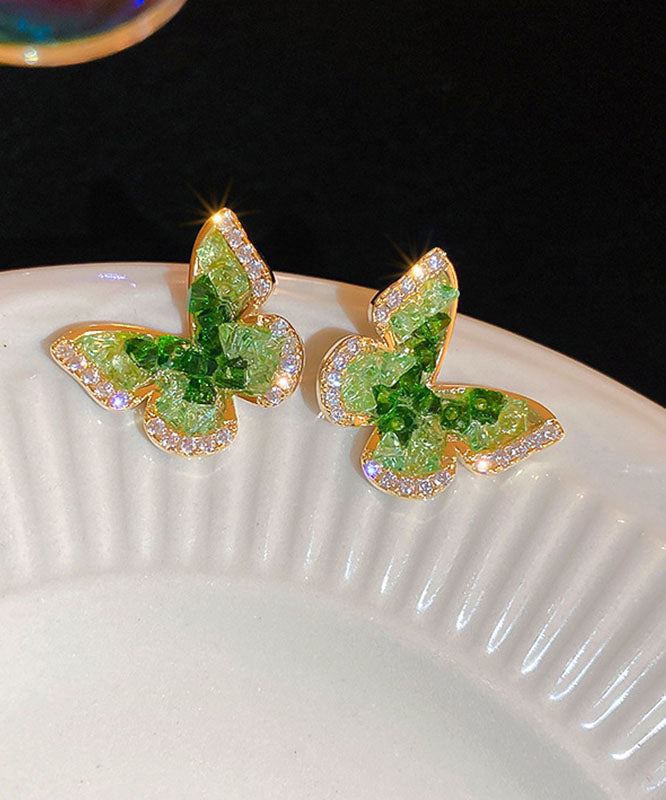 Cute Green Copper Zircon Crystal Butterfly Stud Earrings