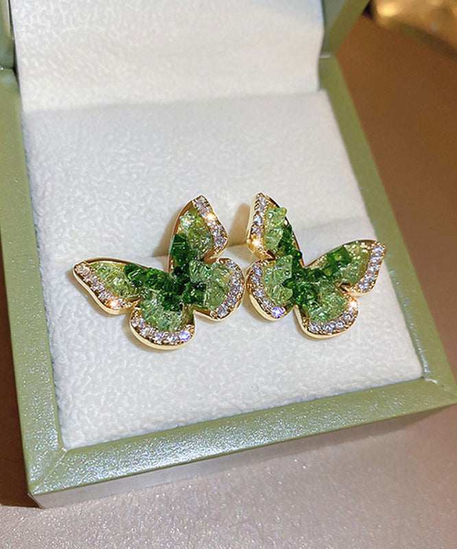 Cute Green Copper Zircon Crystal Butterfly Stud Earrings