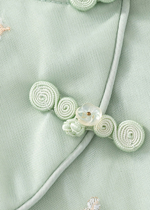 Cute Green Embroideried Button Girls Long Dresses Summer