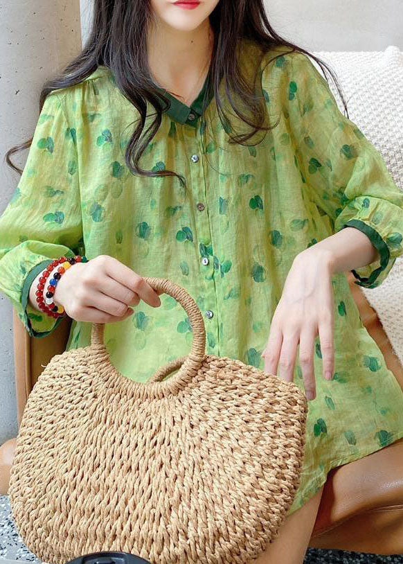 Cute Green Peter Pan Collar Print Linen Blouses Summer