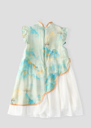 Cute Green Stand Collar Chiffon Patchwork Kids Chiffon Maxi Dress Short Sleeve