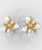 Cute Green Sterling Silver Copper Pearl Enamel Floral Stud Earrings