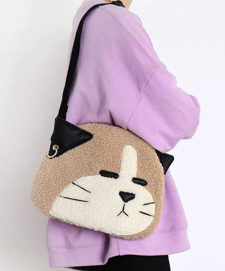 Cute Khaki Dog Shaped Large Capacity Woolen Messenger Bag