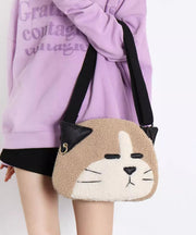 Cute Khaki Dog Shaped Large Capacity Woolen Messenger Bag
