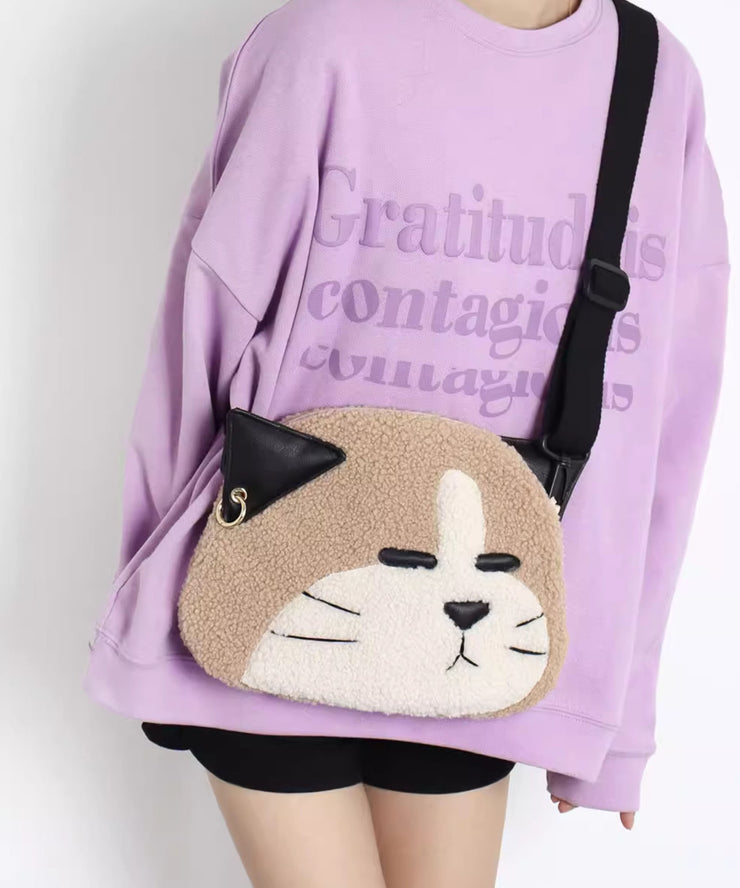 Cute Khaki Dog Shaped Large Capacity Woolen Messenger Bag