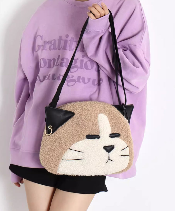 Cute Khaki Dog Shaped Large Capacity Woolen Messenger Bag