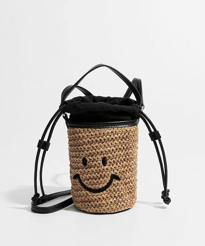 Cute Khaki Smile Drawstring Straw Woven Bucket Bag