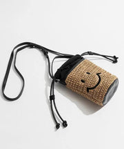 Cute Khaki Smile Drawstring Straw Woven Bucket Bag