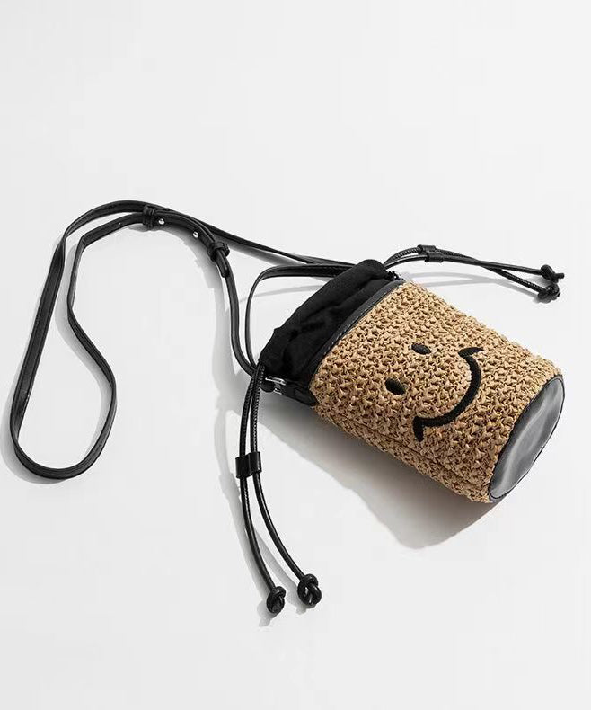 Cute Khaki Smile Drawstring Straw Woven Bucket Bag