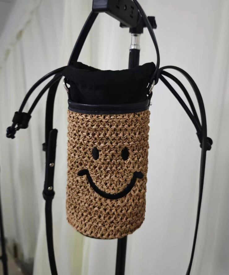 Cute Khaki Smile Drawstring Straw Woven Bucket Bag