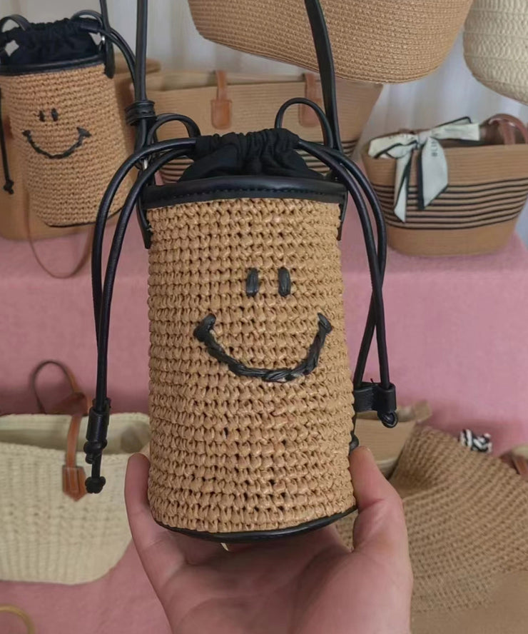 Cute Khaki Smile Drawstring Straw Woven Bucket Bag