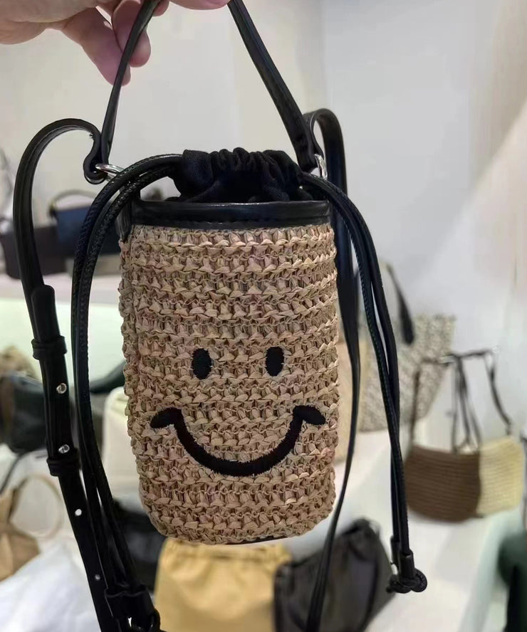 Cute Khaki Smile Drawstring Straw Woven Bucket Bag