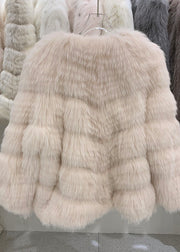 Cute Light Pink V Neck Patchwork Leather And Fur Coats Winter