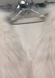Cute Light Pink V Neck Patchwork Leather And Fur Coats Winter