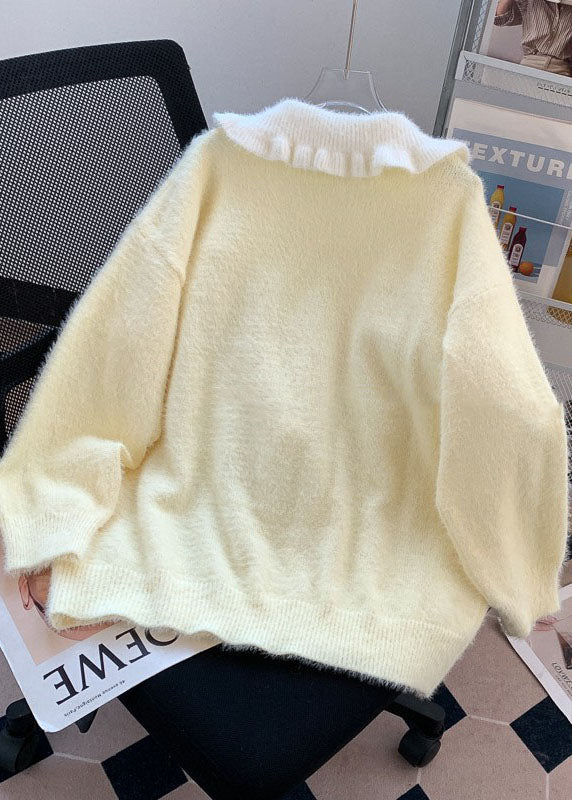 Cute Light Yellow Ruffled Warm Knit Sweater Tops Winter