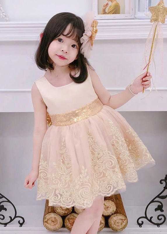 Cute Lotus Root Powder Color Square Collar Lace Patchwork Kids Maxi Dress Summer