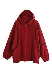 Cute Mulberry Zippered Patchwork Drawstring Hooded Sweatshirt Fall