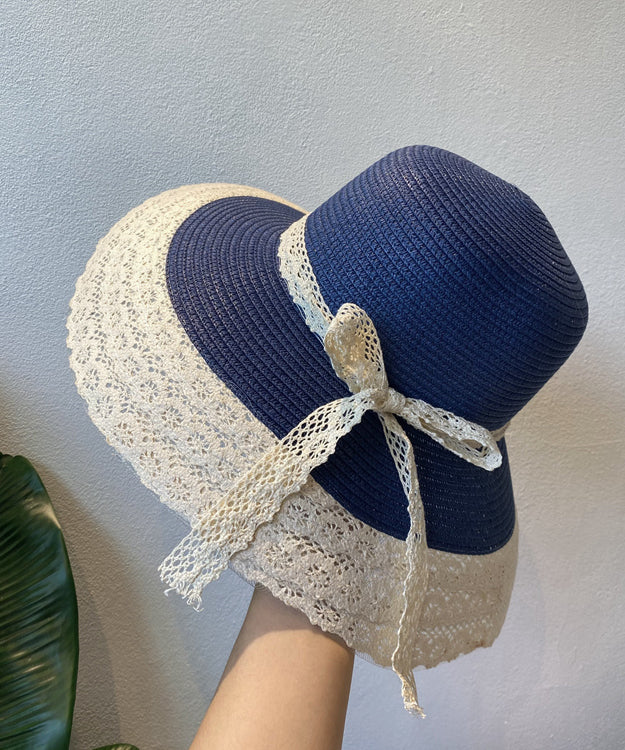 Cute Navy Lace Bow Straw Woven Bucket Hat