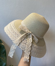 Cute Navy Lace Bow Straw Woven Bucket Hat