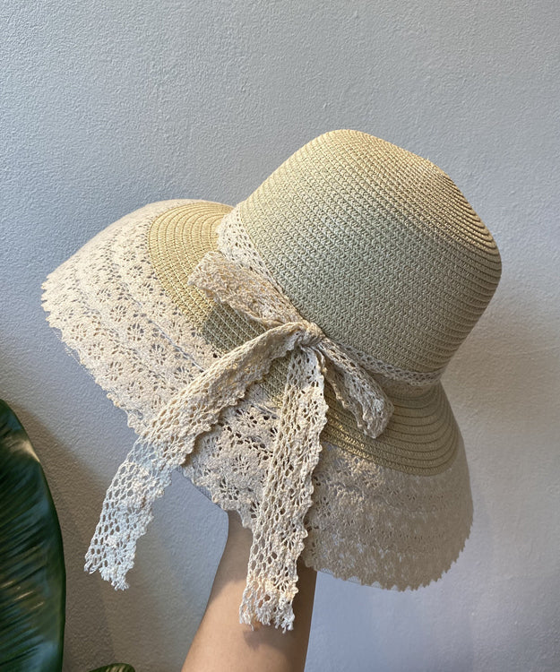 Cute Navy Lace Bow Straw Woven Bucket Hat