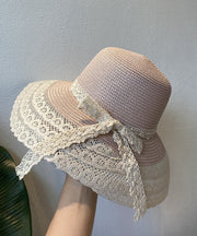 Cute Navy Lace Bow Straw Woven Bucket Hat