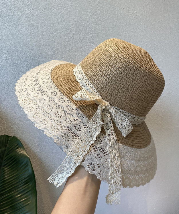 Cute Navy Lace Bow Straw Woven Bucket Hat