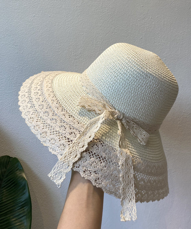 Cute Navy Lace Bow Straw Woven Bucket Hat