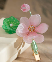 Cute Pink Alloy Chiffon Colored Glaze Pearl Lotus Tassel Hairpin