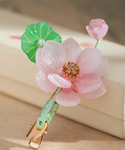 Cute Pink Alloy Chiffon Colored Glaze Pearl Lotus Tassel Hairpin