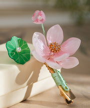 Cute Pink Alloy Chiffon Colored Glaze Pearl Lotus Tassel Hairpin