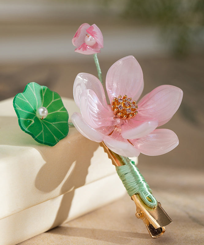 Cute Pink Alloy Chiffon Colored Glaze Pearl Lotus Tassel Hairpin