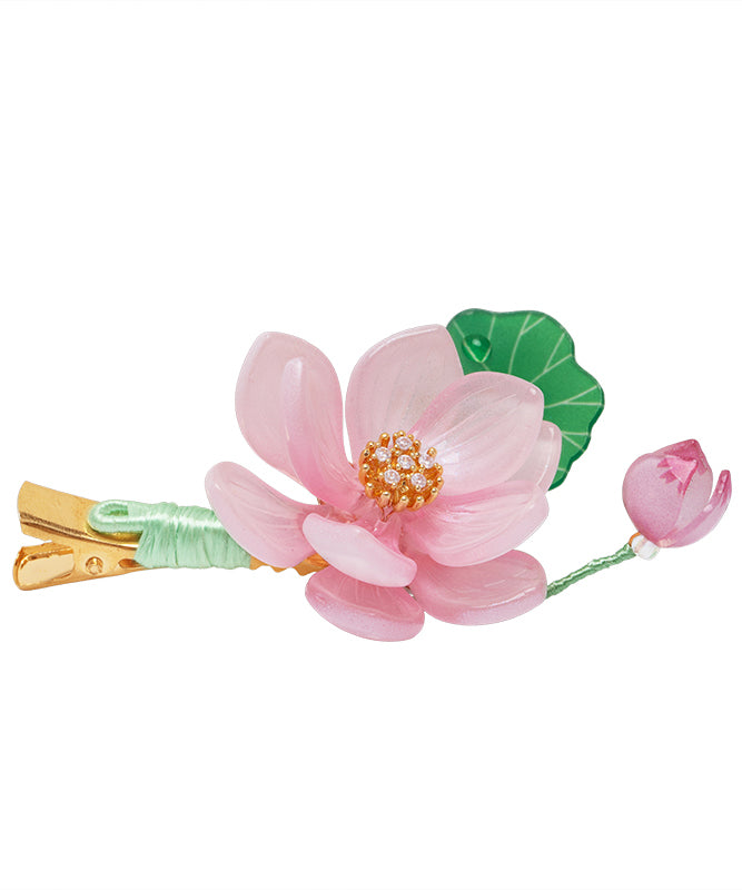 Cute Pink Alloy Chiffon Colored Glaze Pearl Lotus Tassel Hairpin