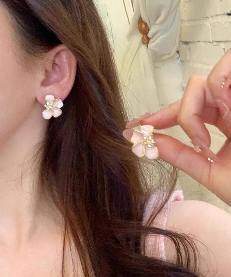 Cute Pink Alloy Floral Enamel Stud Earrings