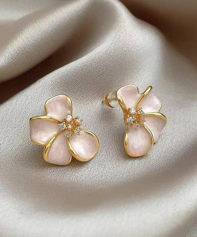 Cute Pink Alloy Floral Enamel Stud Earrings