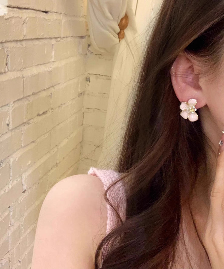 Cute Pink Alloy Floral Enamel Stud Earrings