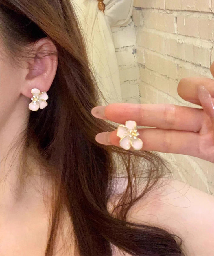 Cute Pink Alloy Floral Enamel Stud Earrings