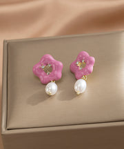 Cute Pink Alloy Floral Pearl Drip Glaze Drop Earrings
